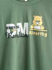 Women's Cartoon Bear Print Pajama Set - Plaid Pants, O-Neck, Elastic Waist