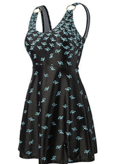 Plus Size Women's One Piece Swim Dress - Open Back, Butterfly Print, Scoop Neck, Green/Black/Blue/Purple