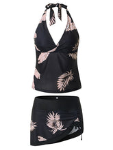 Plus Size Women's Tankini Swim Dress - Halter V Wire, Open Back, Tree/Leaf Print, Black, Modest Swimwear