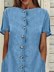 Women's Casual Denim Midi Dress with Pockets - Crew Neck, Short Sleeve