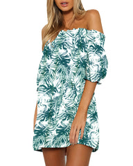 Tropical Plants Print Off Shoulder Summer Holiday Mini Dress