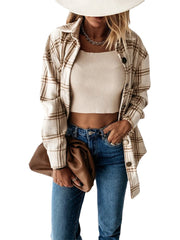 Women Plaid Button Front Lapel Casual Long Sleeve Shirt Coats