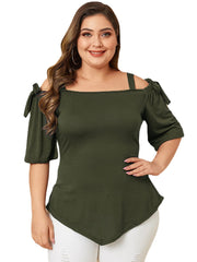 Plus Size Tie-up Design Cold Shoulder Half Sleeve Wild Casual Blouse