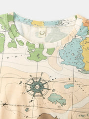 Women's World Map Print Jogger Pajama Set - Round Neck, Elastic Waist