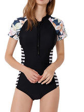 Women's Floral Rash Guard Swimsuit, Tummy Control, Scoop Neck, Padded, Black, Vacation Fashion