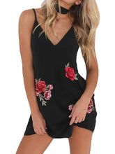 Flower Embroidery Black Sleeveless V-neck Halter Mini Dress With Chocker