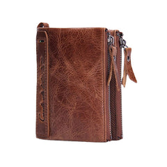 Genuine Leather Multifunction Multi-slot Double Zipper Casual Brief Solid Color Card Holder Wallet