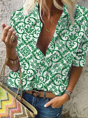 Women Design Print Lapel Collar Long Sleeve Ethnic Blouse