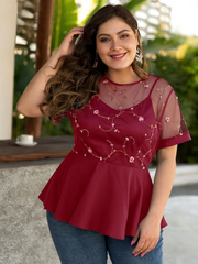 Plus Size Embroidery Zip Design Mesh Short Sleeve Blouse
