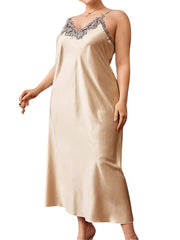 Women's Satin Maxi Dress: Casual Lace Backless Solid Color with Straps
