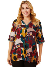 Plus Size Women Abstract Print V-Neck Half Sleeve Vintage Blouses