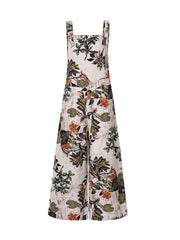 Women Sleeveless Floral Print Button Loose Cotton Vintage Jumpsuits With Side Pocket