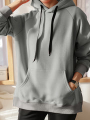 Women Solid Casual Raglan Sleeve Side Split Sweatshirt Hoodies