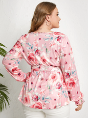Plus Size Floral Print Belt Design Crossed Front Design Blouse