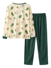 Women's Avocado Print Cotton Lounge Pajama Set - O-Neck, Long Sleeve, Two-Piece