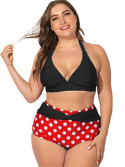 Plus Size Halter Lace-up High Waist Polka Dot Bottoms Bikini