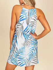 Women  Sleeveless Halter Leaves Printed Hawaii Summer Mini Dress
