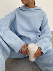 Women Solid Rib-Knit Hoodie Drawstring Wide Leg Pants Casual Long Two-Piece Set