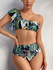 Tropical Plant Print One Shoulder Bandage Backless High Waist Green Bikinis Swimwear