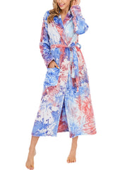 Women's Tie Dye Flannel Long Sleeve Robe with Double Pockets