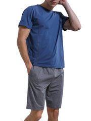 Men Solid Color Short Sleeve Crew Neck Blouse Pocket Shorts Home Sleepwear Two Pieces