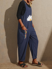 Flower Tribal Pattern Pocket Sleeveless Jumpsuit For Women