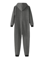 Men Cotton Solid Hooded Pocket Long Sleeve Home Jumpsuit Zipper Sleepwear