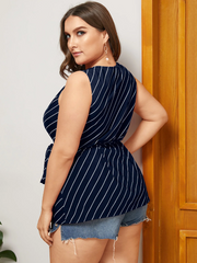 Plus Size Belt Design Striped V-neck Tank Top
