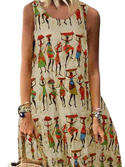 Women‘s Sleeveless Human Print Crew Neck Casual Loose Long Dress