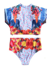 Women Tropical Leaves Print Swimsuit String Short Sleeve High Waist Bikini