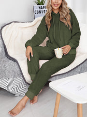 Women's Fleece Hoodie & Jogger Pajama Set - Cozy Solid Color Loungewear