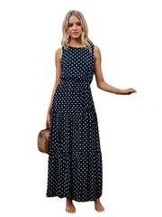 Women's Sleeveless Polka Dot Ruched Crew Neck Stylish Swing Boho Dress