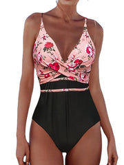 Women's Floral V-Wire One Piece Swimsuit, Tummy Control, Open Back, Rosy Pink, Sexy Vacation Fashion