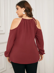 Plus Size Cold Shoulder Cut Out Tie-up Design Long Sleeves Blouse