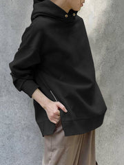 Women Korean Style Zipper Split Hem Commute Solid Hoodie