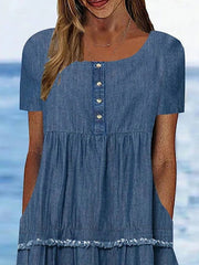 Women's Casual Denim Midi Dress with Ruffle Sleeves and Button Detail