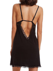 Women's Lace Backless Mini Strap Dress - Casual Solid Color Nightwear