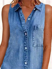 Women's Sleeveless Denim Shirt Dress - Casual Mini Dress with Pockets for Summer