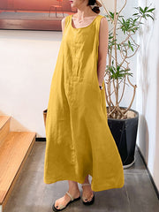 Solid Pocket Drawstring Sleeveless Cotton Casual Maxi Dress