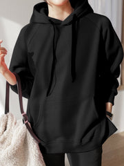 Women Solid Casual Raglan Sleeve Side Split Sweatshirt Hoodies