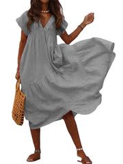 100% Cotton Casual Loose V-Neck Solid Dress For Women