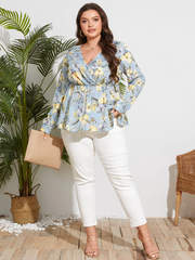 Plus Size Floral Print Crossed Front Design Blouse