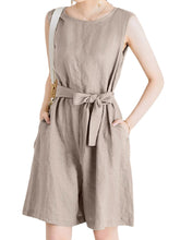 Cotton Solid Sash Pocket Sleeveless Round Neck Zip Casual Romper