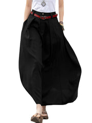 Leisure Solid Button Ruched Zip Pocket Casual Maxi Skirt