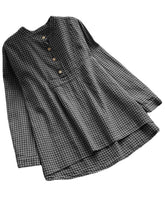 Women Long Sleeve Plaid Buttons Stand Collar Vintage Blouse