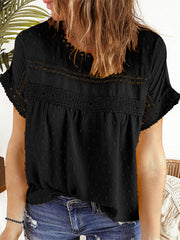 Leisure Swiss Dot Button Lace Patchwork Short Sleeve Blouse