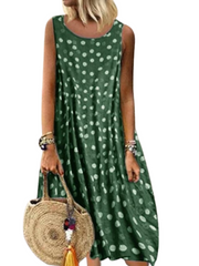 Women's Sleeveless Polka Dot Print Crew Neck Swing Boho Dress