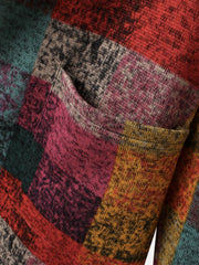 Women Colorful Plaid Open Front Double Pocket Casual Hooded Cardigan Coats