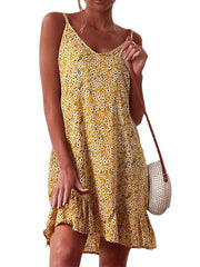 Women's V Neck Sleeveless Floral Ruffle Stylish Loose Dress