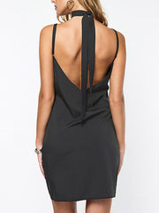 Flower Embroidery Black Sleeveless V-neck Halter Mini Dress With Chocker